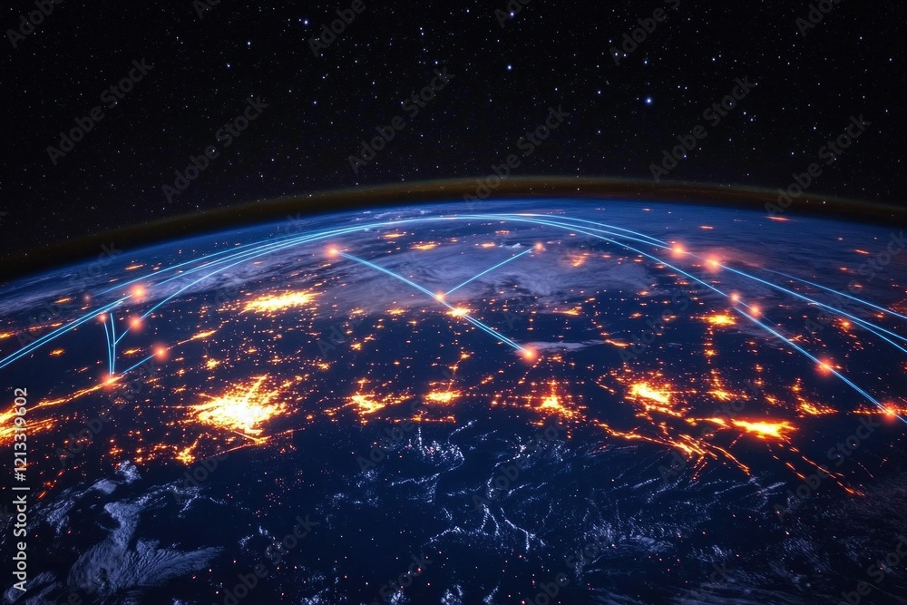 Poster global network connectivity over earth in cyberpunk style with city lights and starry background