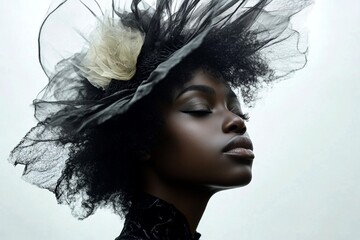 Fototapeta premium Pretty calm black girl - for ads, print ad and social platforms use. Commercial ad campaign idea. Short haircut - curly hair. African american creative advertising. Black woman in advertising.