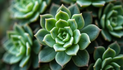 A stunning close-up of vibrant green succulents showcases their intricate rosette shapes and textured leaves. The image radiates tranquility and natural beauty, inviting viewers to appreciate the