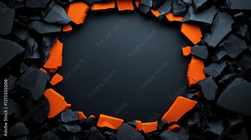 Poster shattered frame: orange and black abstract background: an abstract image featuring a circular frame 