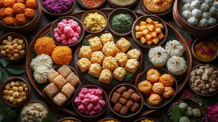 Colorful Indian Sweets Platter for Diwali Celebration with Decorative Flowers and Diya