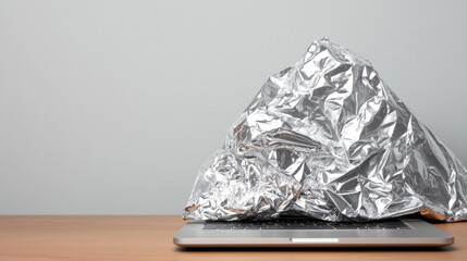 A laptop is partially covered with crumpled aluminum foil, suggesting a humorous take on shielding or protecting technology.