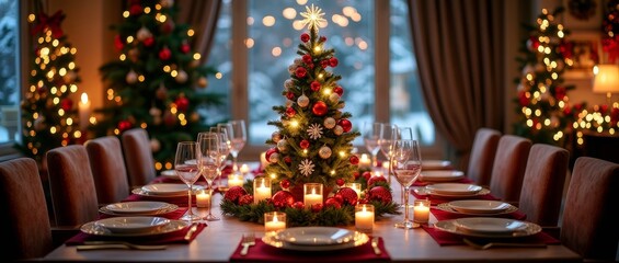 Naklejka premium A beautifully decorated Christmas tree stands tall on a festive table, surrounded by warm candles and elegant plates