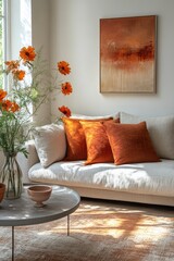 Modern Minimalist Living Room with Cozy Textures and Colorful Decor Featuring Couch Pillows and Bright Floral Accents