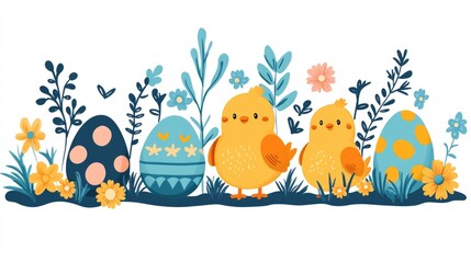 Colorful easter scene with chicks, eggs, and flowers. Easter, Pascha, Paskha, Ostern, Pascua, Paques - Orthodox and Catholic Holiday celebration