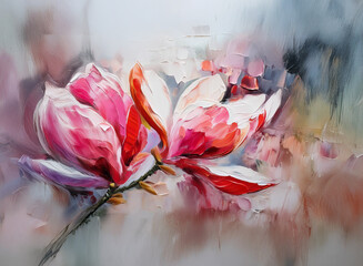A vibrant painting showcases pink and white magnolia blossoms against a soft, abstract background.  The petals are rendered with thick, visible brushstrokes, creating a textured effect.
