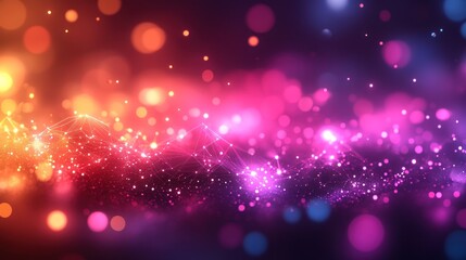 Abstract vibrant light bokeh background with particles and glowing waves.
