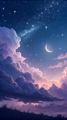 Midnight gradient sky with fluffy clouds, glowing stars, and moonlight.
