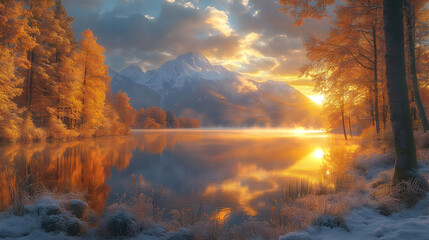 Majestic Mountain Lake at Sunset with Autumn Colors and First Snow