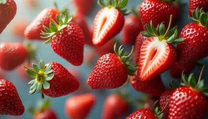 A stunning array of fresh, juicy strawberries is captured mid-air, showcasing their vibrant red color and lush green leaves. The image evokes a sense of freshness and vitality, perfect for food lovers