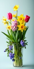 A bouquet of tulips, daffodils, and hyacinths in a vase