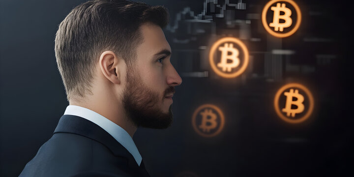 A businessman looking at a holographic graph showing the rise of cryptocurrencies, with glowing Bitcoin symbols in the air.