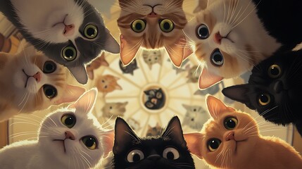 Cats gathered in a circle with wide eyes gazing down at the ground in a relaxed indoor atmosphere