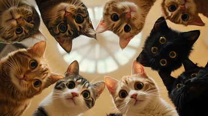 Cats gathered in a circle with wide eyes gazing down at the ground in a relaxed indoor atmosphere