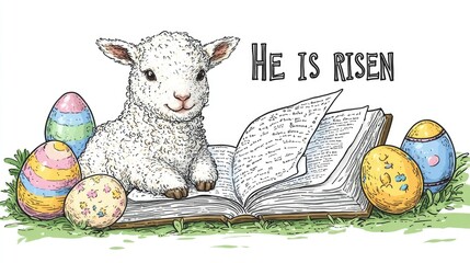 Adorable lamb on open book with easter eggs and 'he is risen' message. Easter, Pascha, Paskha, Ostern, Pascua, Paques - Orthodox and Catholic Holiday celebration