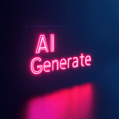 Modern sticker design featuring the text “AI Generate” in glowing pink neon lights with a dark background, symbolizing advanced technology, artificial intelligence, and creativity