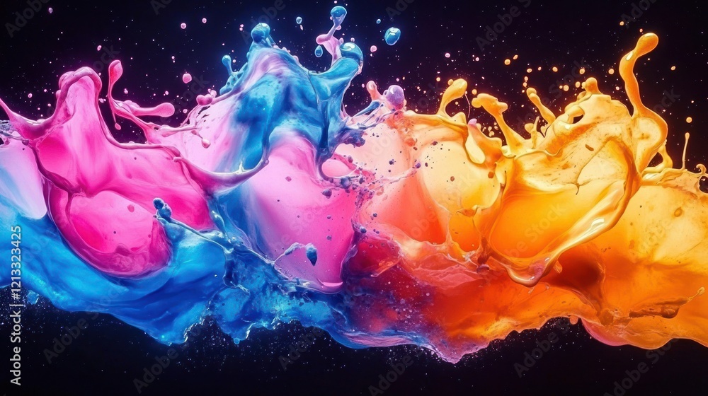 Poster vibrant dynamic abstract art of vivid paint splashes in motion creating a mesmerizing swirl of color