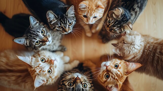 Group of playful cats forming a circle around something on the floor with their gaze focused downward