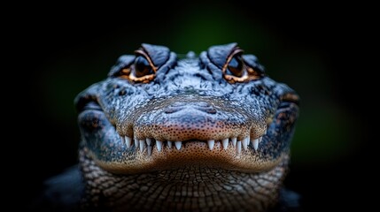 Fototapeta premium Close-up portrait of an alligator's head and face, showing its teeth and eyes against a dark background.