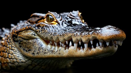 Obraz premium Close-up of a young crocodile's head and jaws against a black background.