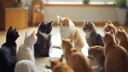 A group of cats gathering in a circle looking down at a mystery object in a calm room