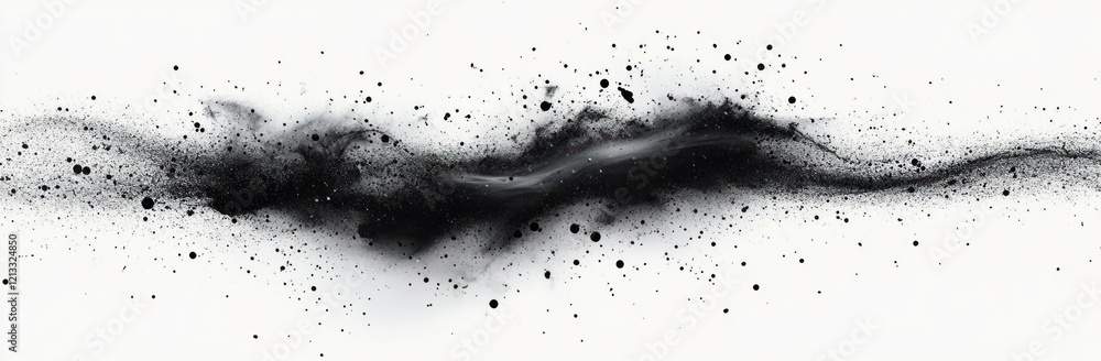 Poster abstract black and white splatter art with grainy texture and noise effect in dynamic composition