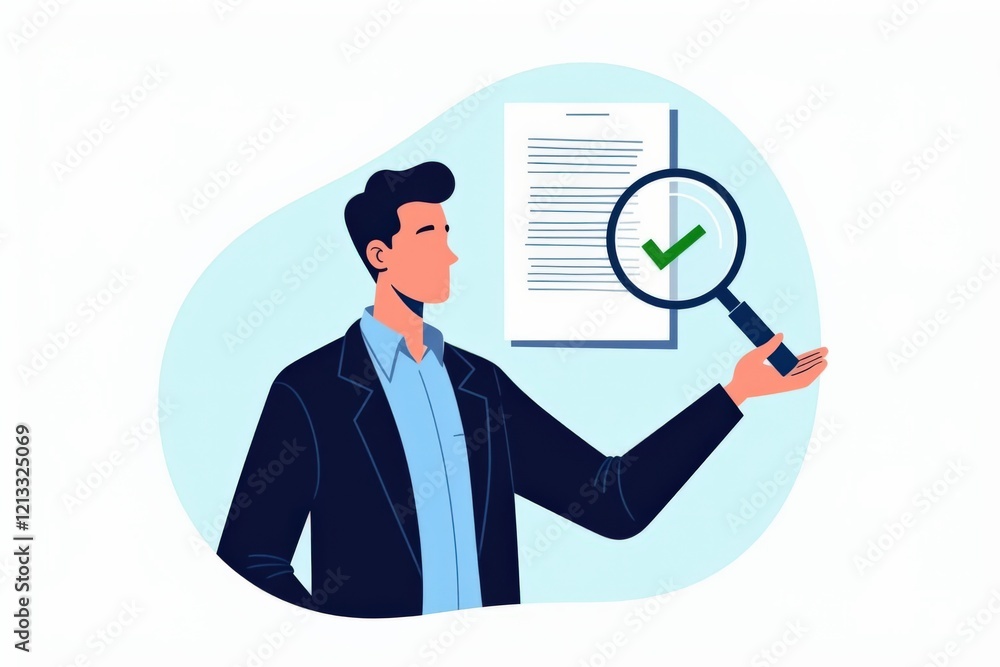 Poster businessman reviewing document with magnifying glass for quality assurance and verification in profe