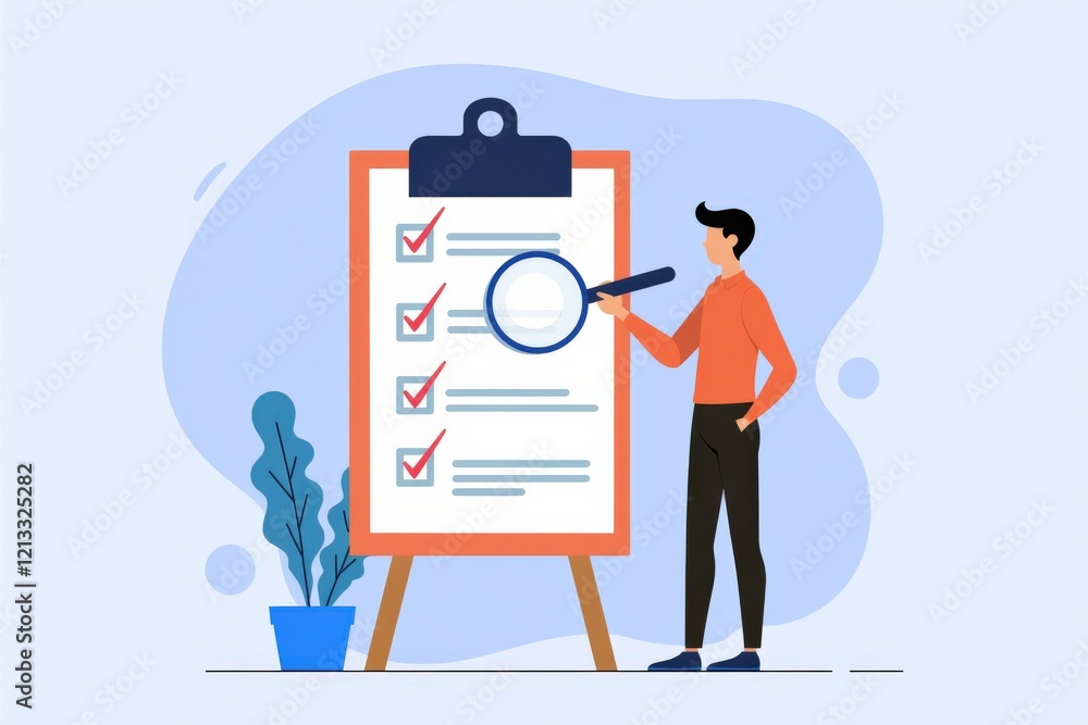 Poster businessman checking off tasks on a checklist with magnifying glass for productivity and organizatio