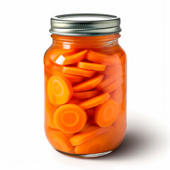 Glass jar with preserved carrots isolated on white background