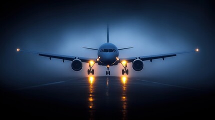 Naklejka premium Airplane landing in fog at night.