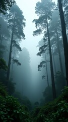Obraz premium A serene and mystical forest landscape with towering trees and fog