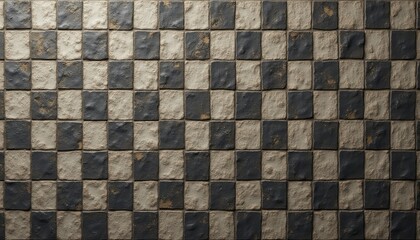 This image features a close-up of a textured checkerboard pattern, alternating between dark and light tiles. The uneven surfaces and subtle wear add a rustic charm, making it perfect for backgrounds