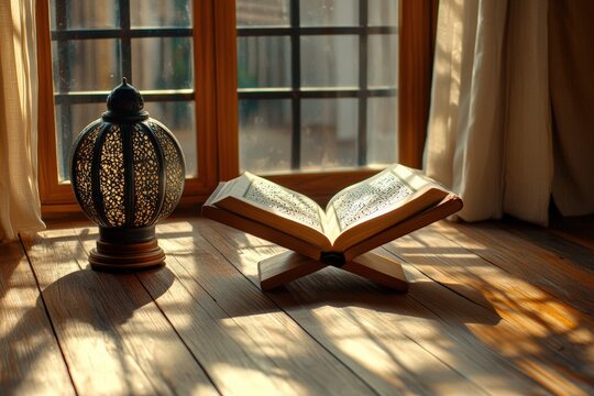 Open Quran resting on a wooden rihal stands, illuminated by sunlight streaming through a window. A small decorative lantern enhances the tranquil atmosphere during Ramadan