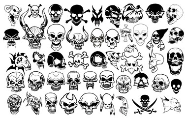 Fototapeta premium A Symphony of Skulls: An assortment of skulls, in varied styles and designs, create a striking pattern against a backdrop, perfect for design elements.
