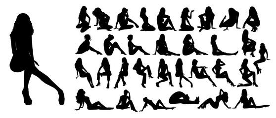 Silhouette Collection: A comprehensive collection of elegant woman silhouettes in various poses, demonstrating grace and diversity, perfect for design inspiration or thematic artwork.