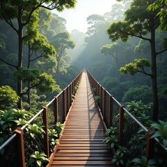 Obraz premium A serene wooden bridge amidst lush greenery, connecting two dense forests