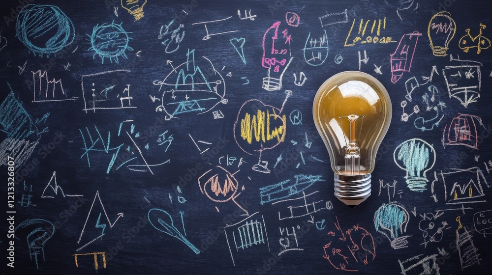 Poster creative light bulb illuminating chalkboard with abstract drawings and diagrams representing concept