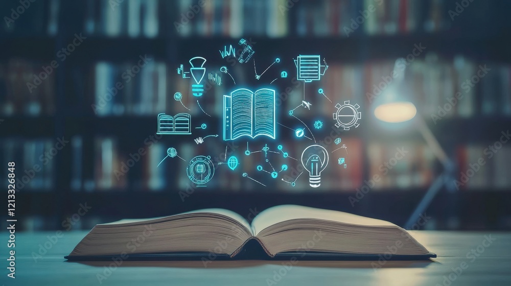 Poster open book with glowing icons above representing ideas, education, creativity, and knowledge, set aga
