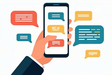 Hand Holding Smartphone Displaying Multicolored Text Message Notifications with Different Speech Bubbles Representing Communication and Connection