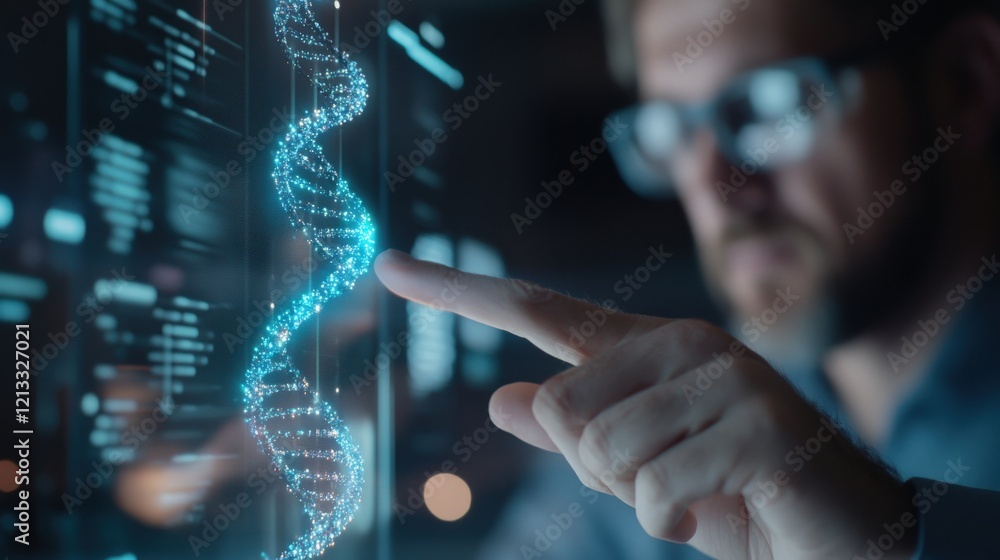 Poster scientist interacting with 3d dna model in modern laboratory environment showcasing advanced researc