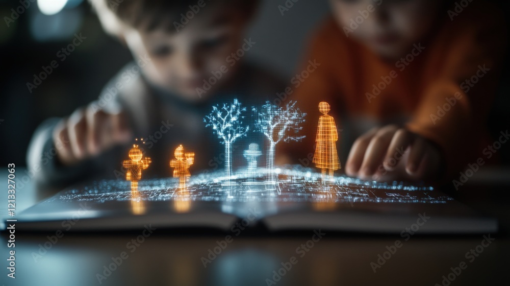 Poster children engaging with 3d holographic imagery above open book, exploring nature and imagination in a