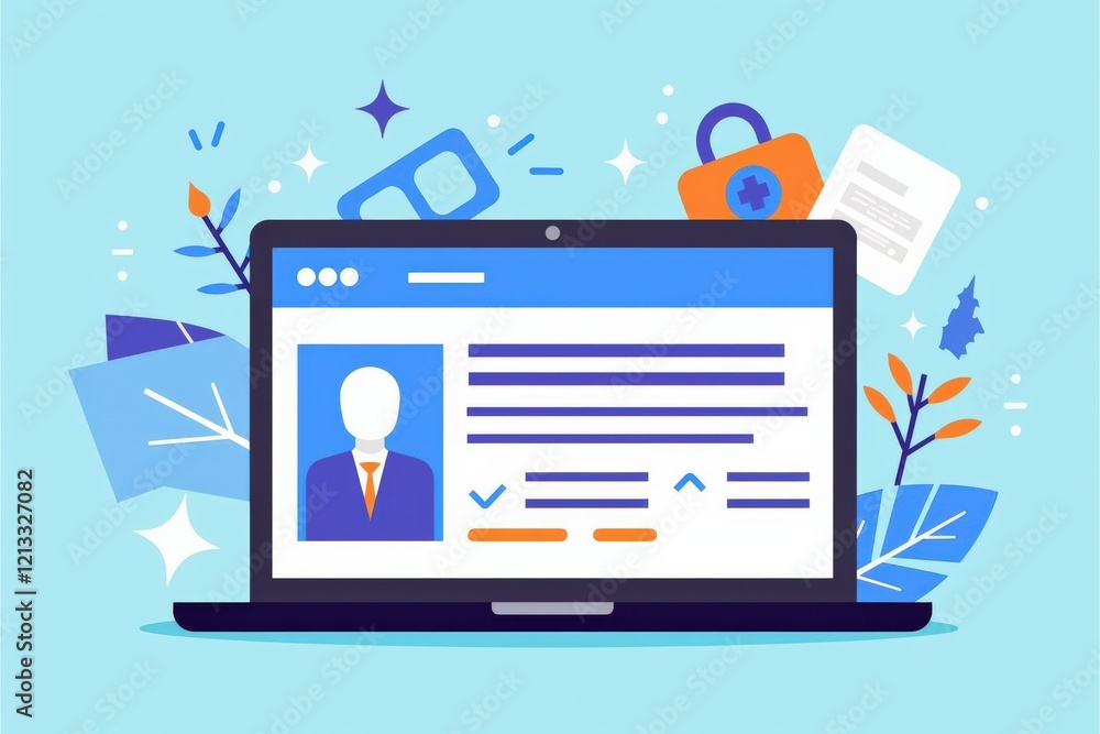 Poster modern digital profile interface on laptop screen with business elements: user account overview, sec