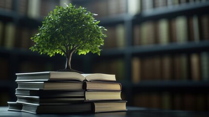 A Beautiful Green Tree Growing from an Open Book on a Stack of Books in a Library Setting, Symbolizing Knowledge, Growth, and Education in a Serene Environment