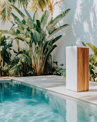 Poolside speaker, tropical garden, sunlight. Relaxation, summer.