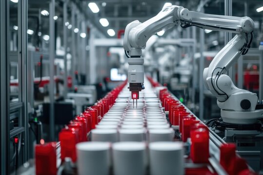 Automated Factory with Robotic Arms Assembling Products