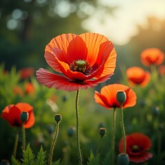 A delicate, papery flower with vibrant red petals and a prominent seed pod