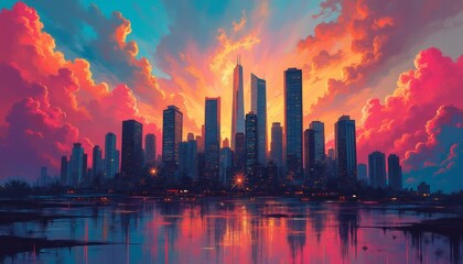 Fototapeta premium A breathtaking city skyline is illuminated by a stunning sunset, casting vibrant hues of orange, pink, and purple across the sky. The reflection of the towering skyscrapers dances on the tranquil