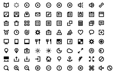 A Digital World's Essentials: Collection of minimalist, monochrome icons, showcasing a variety of frequently used digital symbols for everyday digital interaction. 