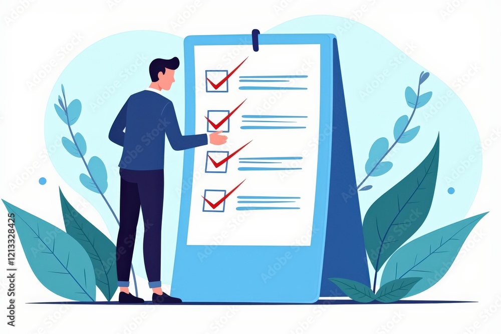 Poster businessman reviewing checklist on a board with checked boxes surrounded by greenery, symbolizing pr