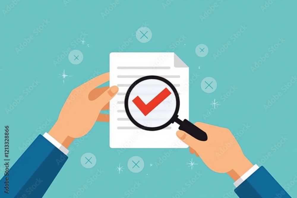 Poster concept of document verification and quality control with a focus on review process, evaluation, and